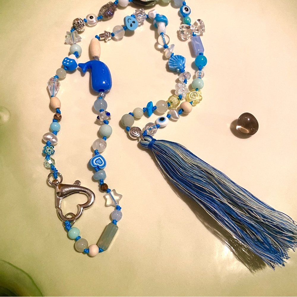 Blue Beaded Necklace with Tassel Mermaid Whale Ocean Mala Spiritual - Picture 4 of 11